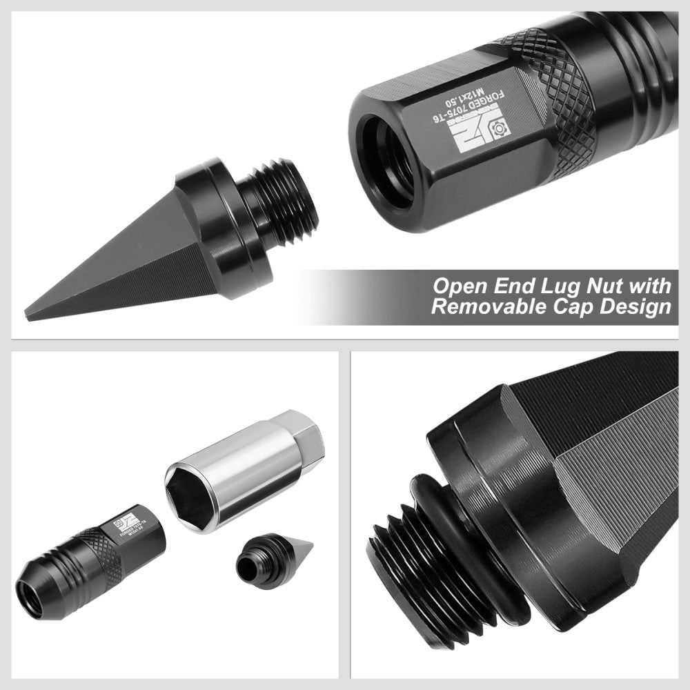 J2 20PCs Black M12x1.5 Open / Closed End Spike 81mm Tall Lug Nuts J2-LN-T7-029-15-BK