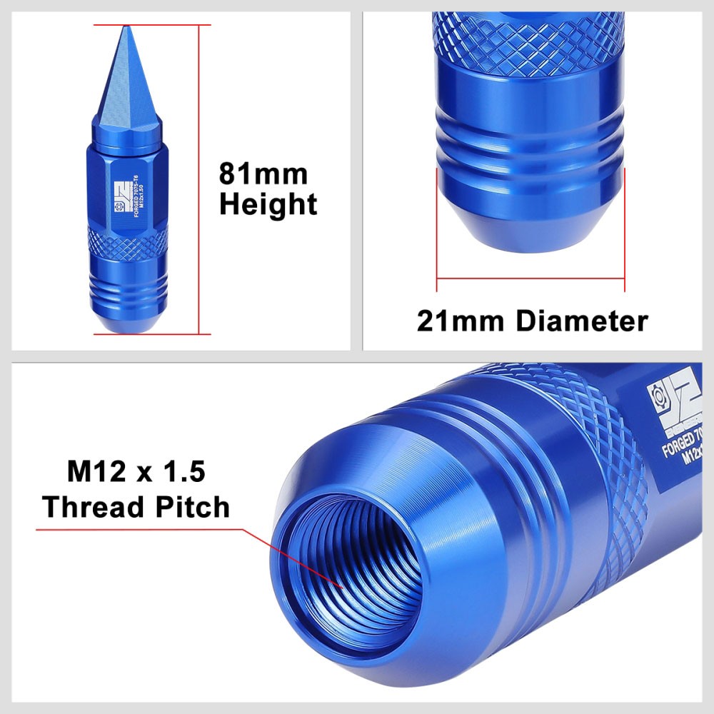 J2 20PCs Blue M12x1.5 Open / Closed End Spike 81mm Tall Lug Nuts J2-LN-T7-029-15-BL