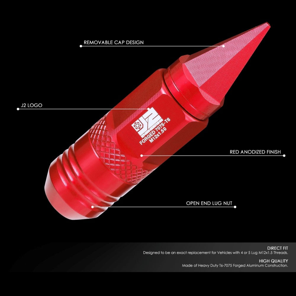 J2 20PCs Red M12x1.5 Open / Closed End Spike 81mm Tall Lug Nuts J2-LN-T7-029-15-RD