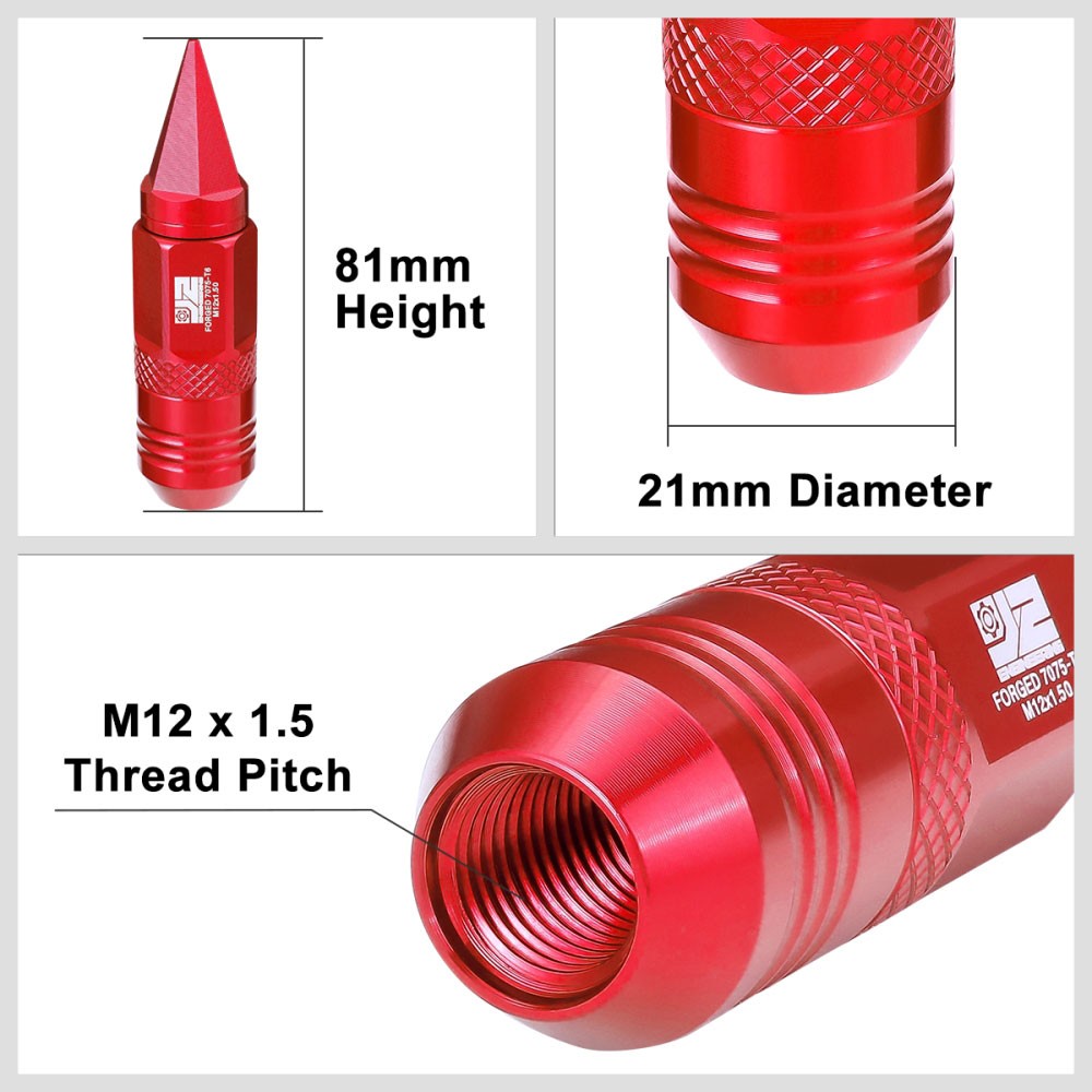 J2 20PCs Red M12x1.5 Open / Closed End Spike 81mm Tall Lug Nuts J2-LN-T7-029-15-RD