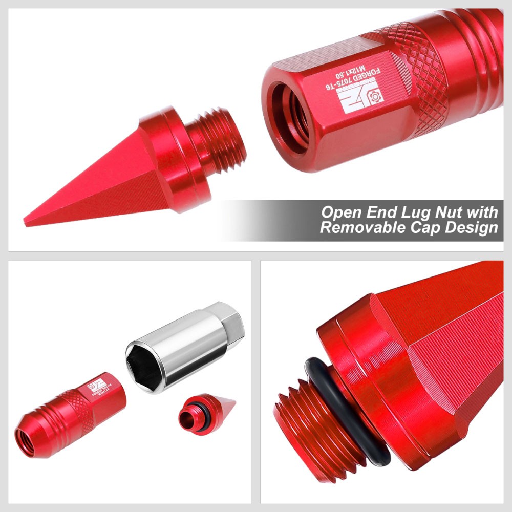 J2 20PCs Red M12x1.5 Open / Closed End Spike 81mm Tall Lug Nuts J2-LN-T7-029-15-RD