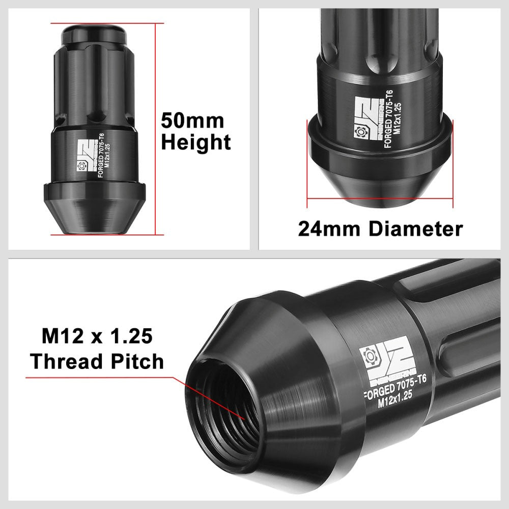 J2 20PCs Black M12x1.25 Closed End Spline Drive 50mm Tall  Lug Nuts J2-LN-T7-035-125-BK