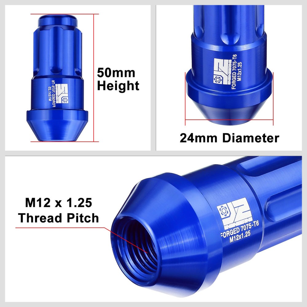 J2 20PCs Blue M12x1.25 Closed End Spline Drive 50mm Tall  Lug Nuts J2-LN-T7-035-125-BL