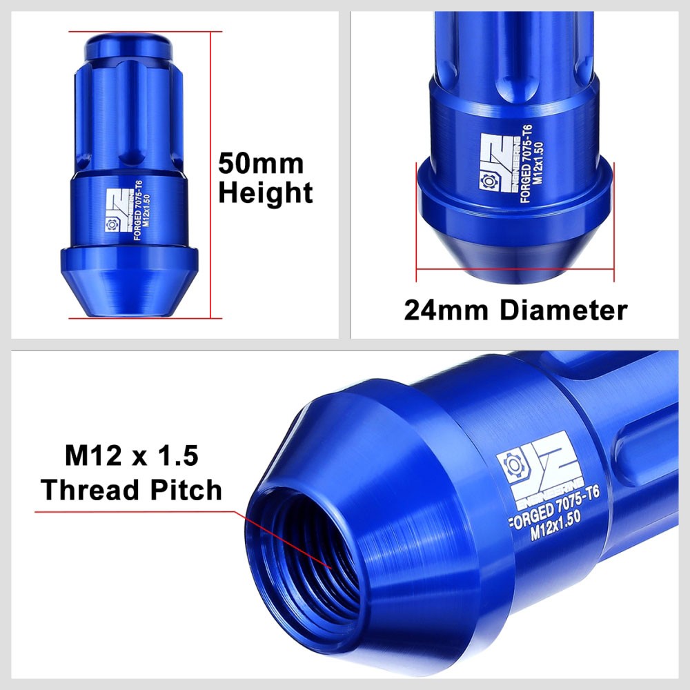 J2 20PCs Blue M12x1.5 Closed End Spline Drive 50mm Tall  Lug Nuts J2-LN-T7-035-15-BL