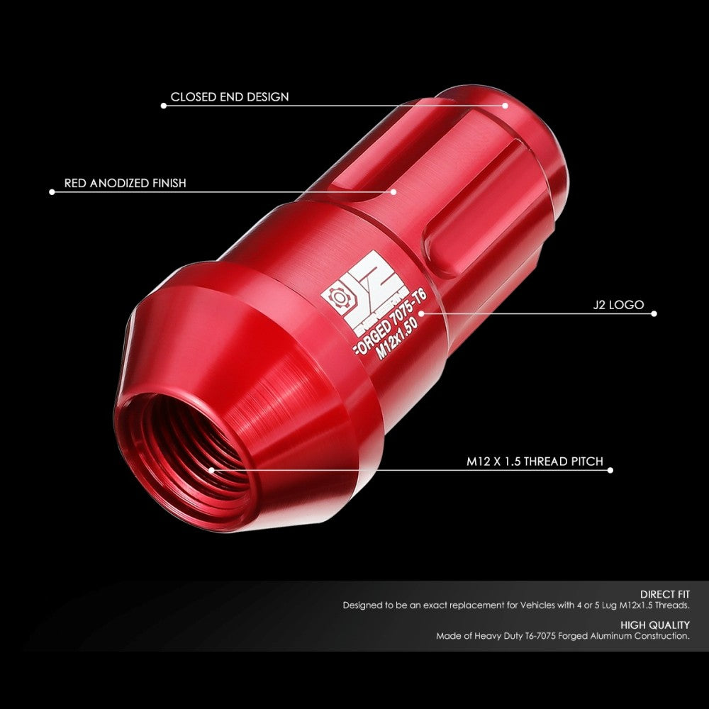 J2 20PCs Red M12x1.5 Closed End Spline Drive 50mm Tall  Lug Nuts J2-LN-T7-035-15-RD