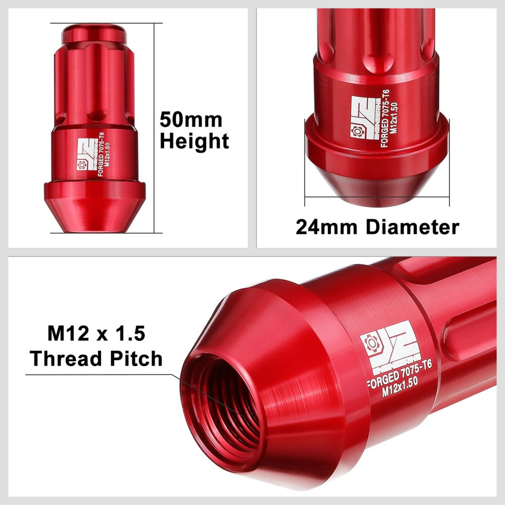 J2 20PCs Red M12x1.5 Closed End Spline Drive 50mm Tall  Lug Nuts J2-LN-T7-035-15-RD
