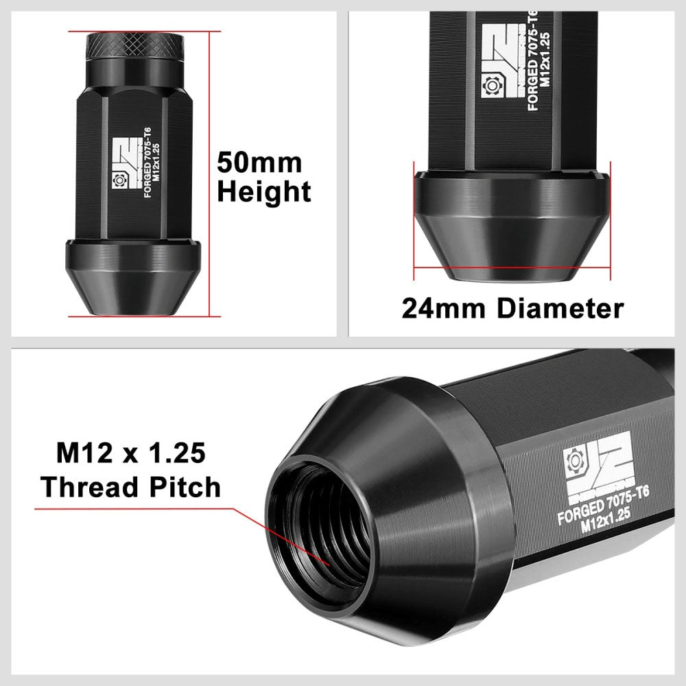 J2 20PCs Black M12x1.25 Closed End Knurled Top 50mm Tall  Lug Nuts J2-LN-T7-037-125-BK