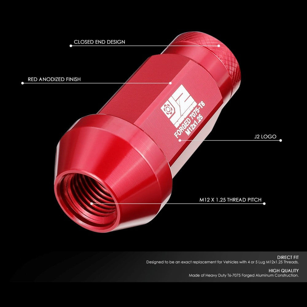 J2 20PCs Red M12x1.25 Closed End Knurled Top 50mm Tall  Lug Nuts J2-LN-T7-037-125-RD