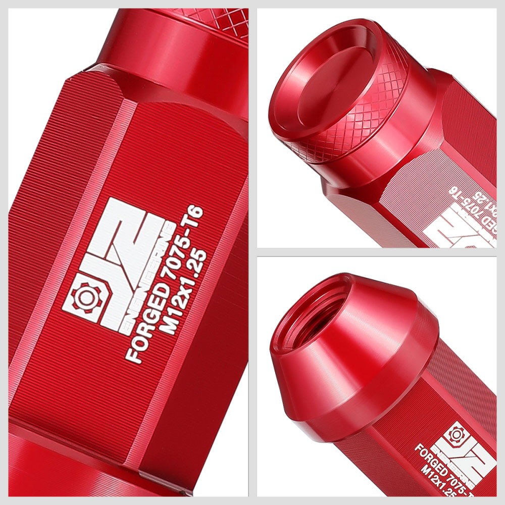 J2 20PCs Red M12x1.25 Closed End Knurled Top 50mm Tall  Lug Nuts J2-LN-T7-037-125-RD