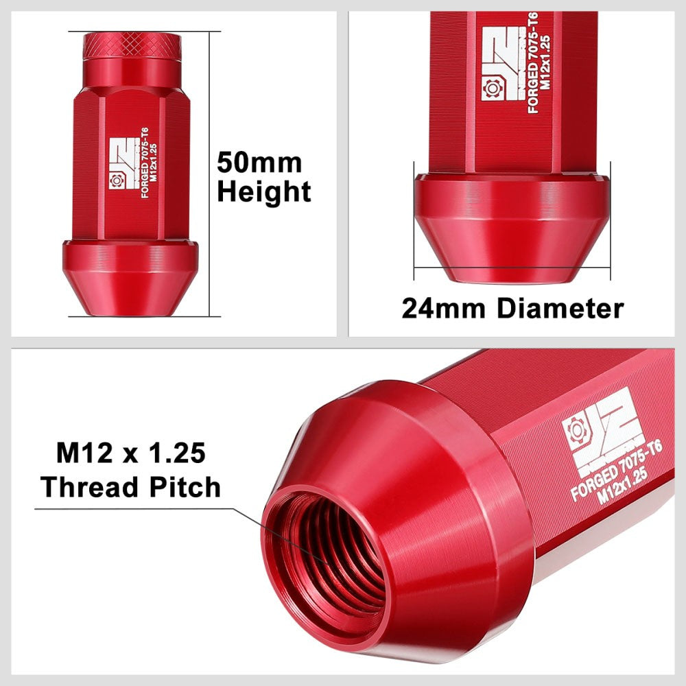 J2 20PCs Red M12x1.25 Closed End Knurled Top 50mm Tall  Lug Nuts J2-LN-T7-037-125-RD