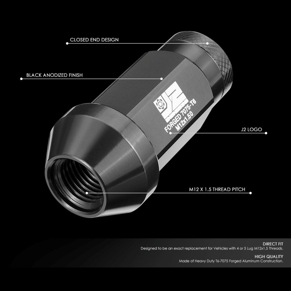 J2 20PCs Black M12x1.5 Closed End Knurled Top 50mm Tall  Lug Nuts J2-LN-T7-037-15-BK