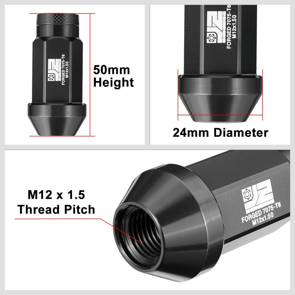 J2 20PCs Black M12x1.5 Closed End Knurled Top 50mm Tall  Lug Nuts J2-LN-T7-037-15-BK