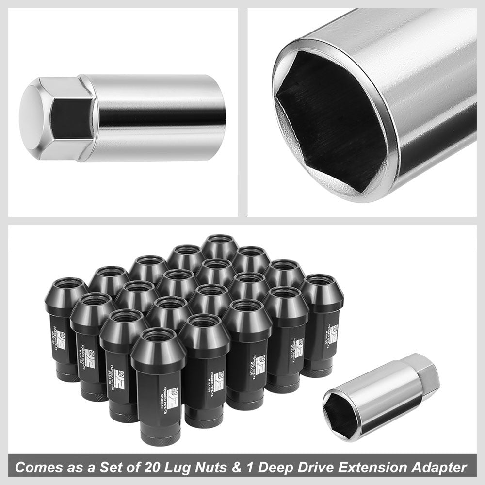 J2 20PCs Black M12x1.5 Closed End Knurled Top 50mm Tall  Lug Nuts J2-LN-T7-037-15-BK