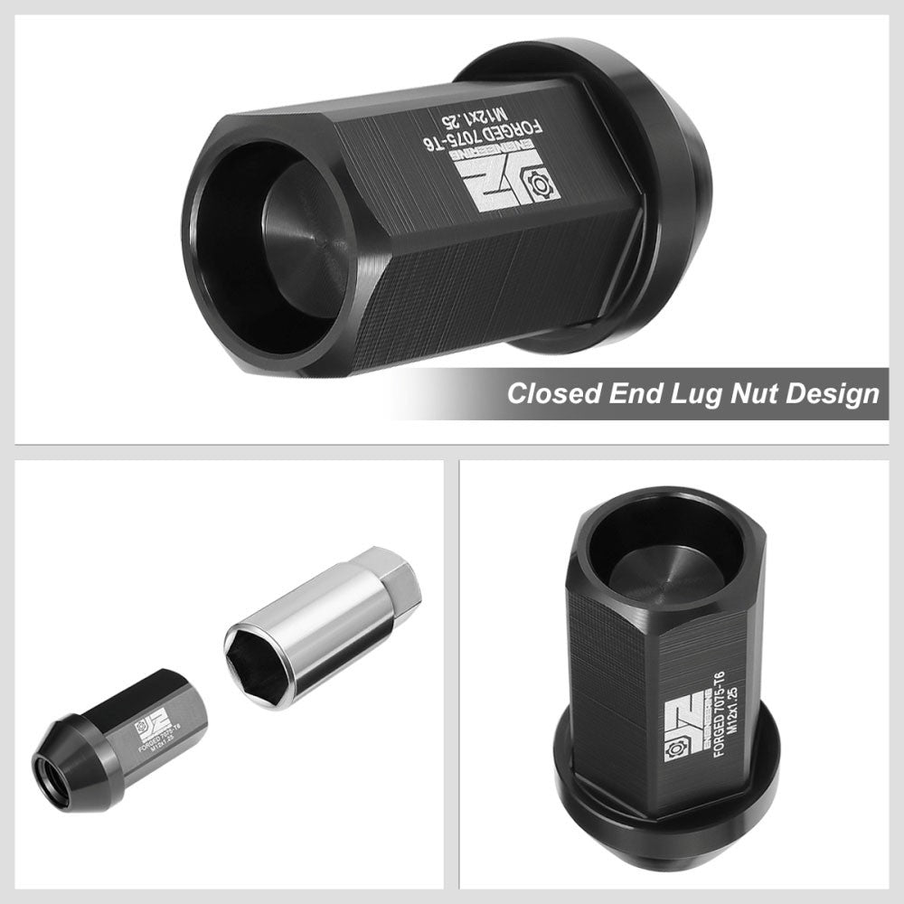 J2 20PCs Black M12x1.25 Closed End 25MM OD/42MM Tall Lug Nuts J2-LN-T7-038-125-BK