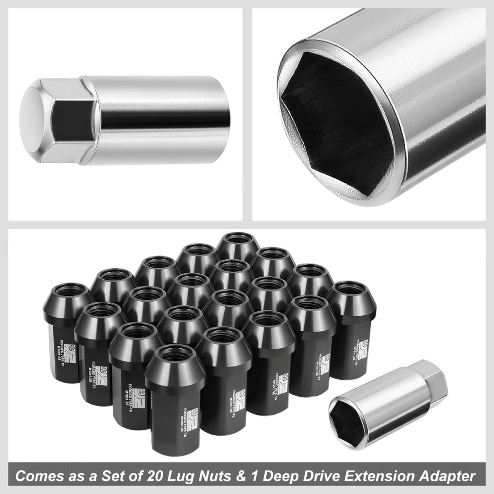 J2 20PCs Black M12x1.25 Closed End 25MM OD/42MM Tall Lug Nuts J2-LN-T7-038-125-BK
