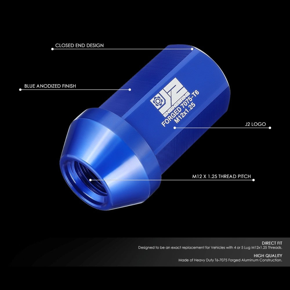 J2 20PCs Blue M12x1.25 Closed End 25MM OD/42MM Tall Lug Nuts J2-LN-T7-038-125-BL