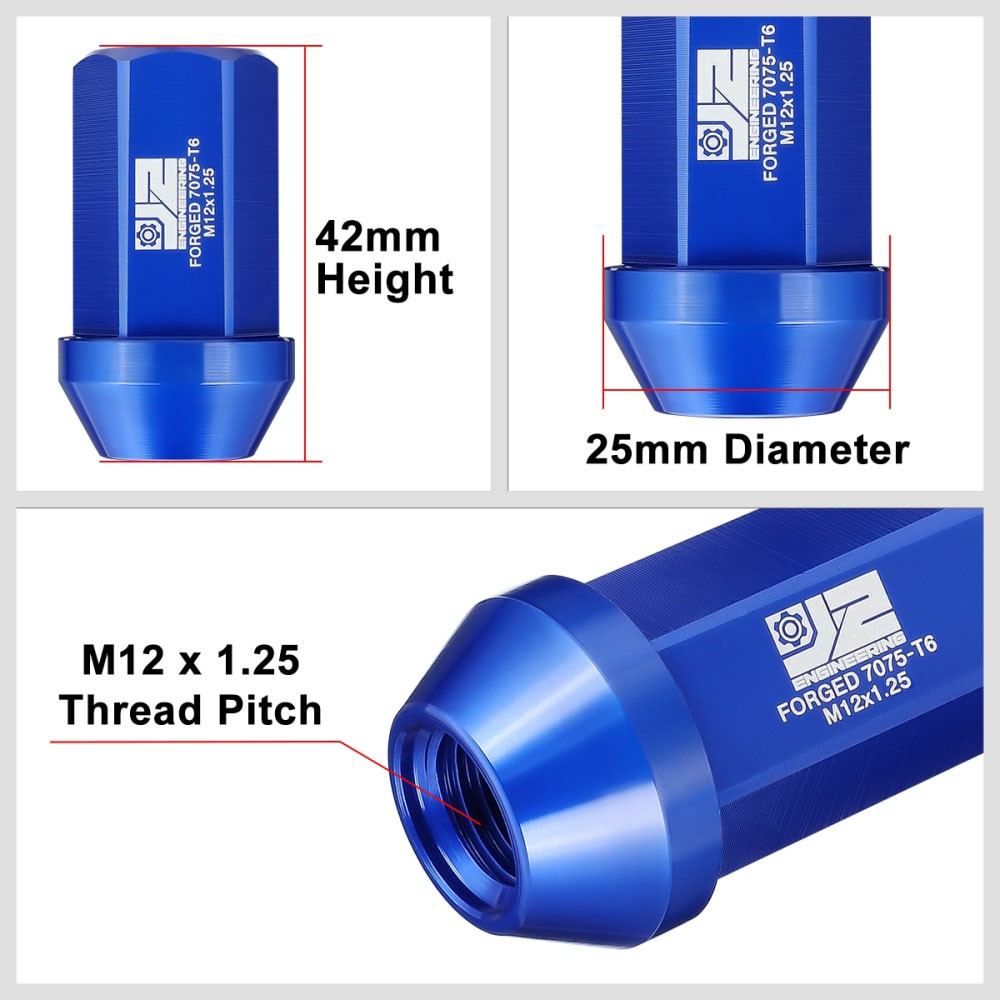 J2 20PCs Blue M12x1.25 Closed End 25MM OD/42MM Tall Lug Nuts J2-LN-T7-038-125-BL