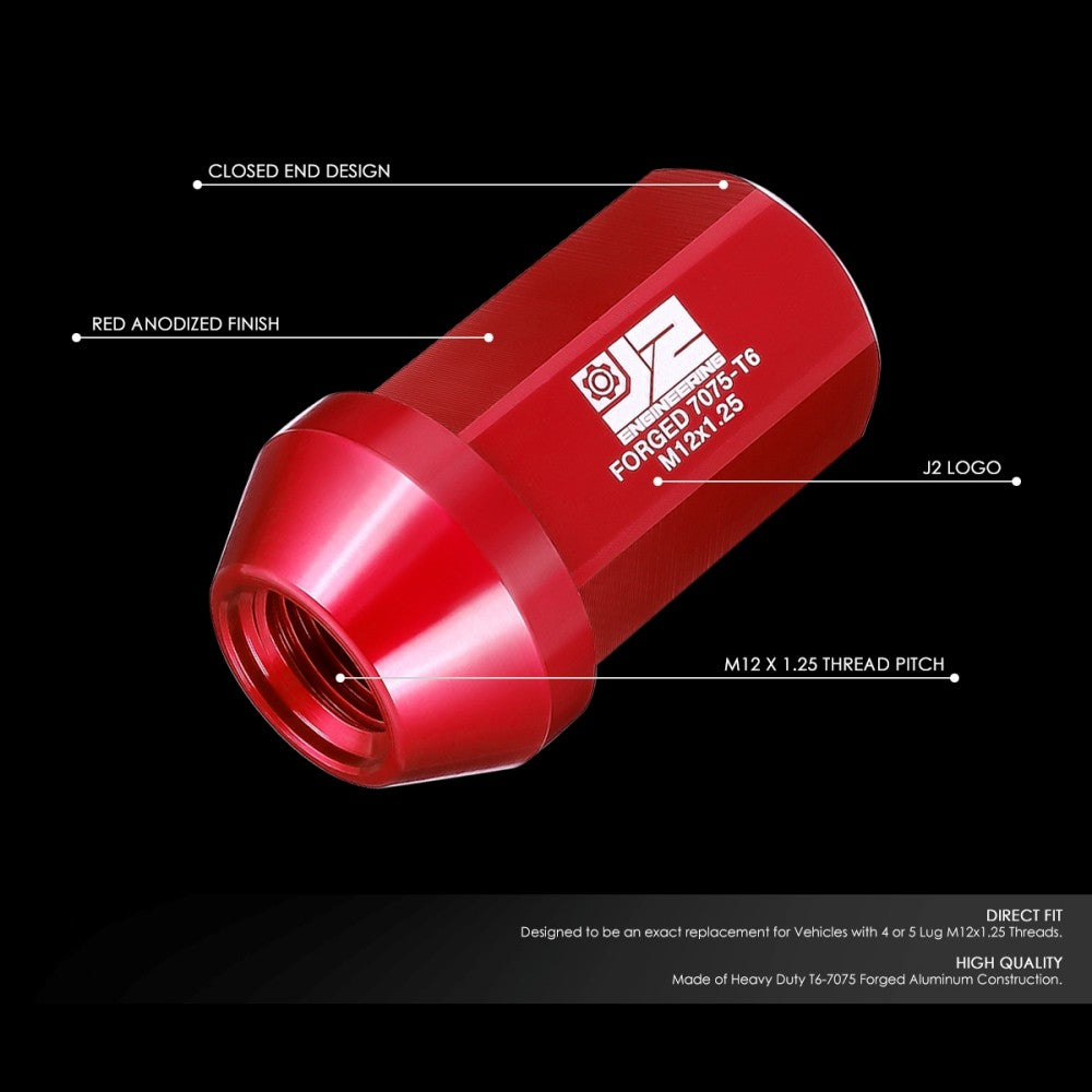 J2 20PCs Red M12x1.25 Closed End 25MM OD/42MM Tall Lug Nuts J2-LN-T7-038-125-RD