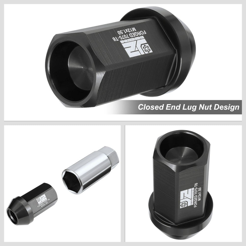 J2 20PCs Black M12x1.5 Closed End 25MM OD/42MM Tall Lug Nuts J2-LN-T7-038-15-BK