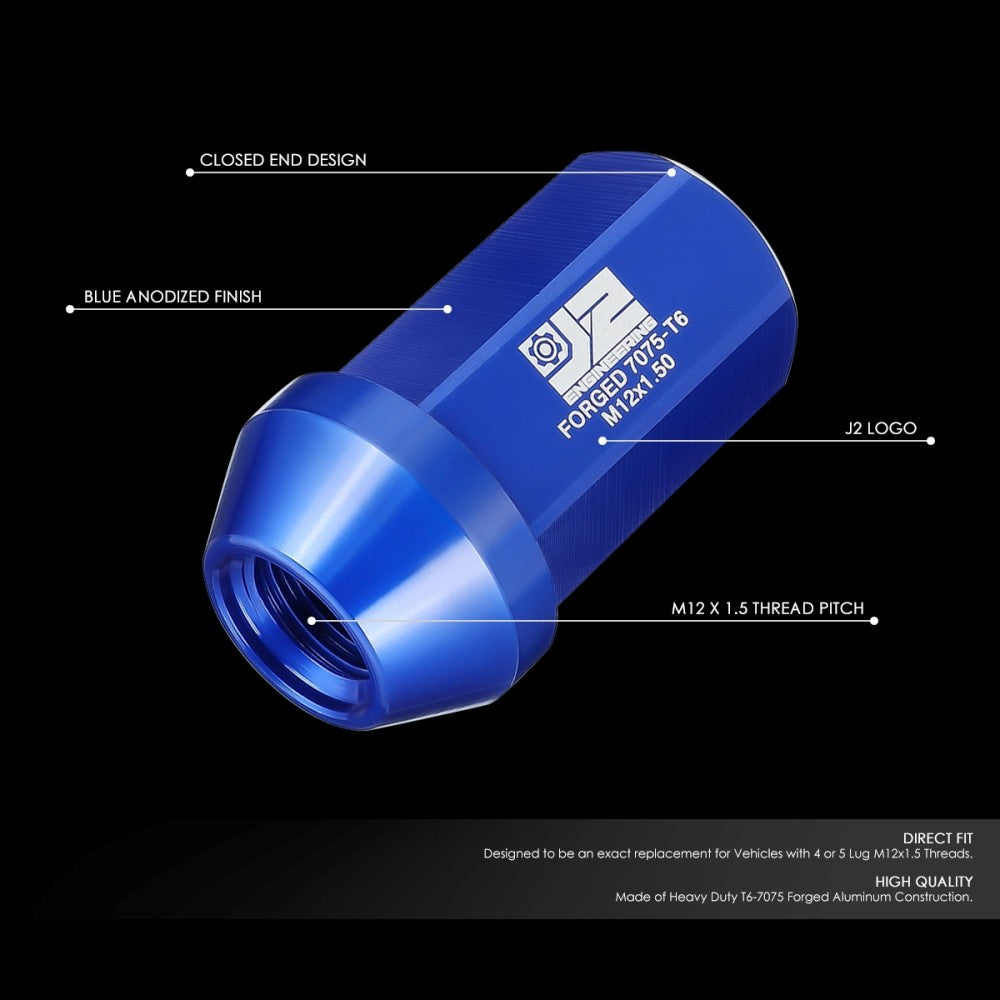 J2 20PCs Blue M12x1.5 Closed End 25MM OD/42MM Tall Lug Nuts J2-LN-T7-038-15-BL