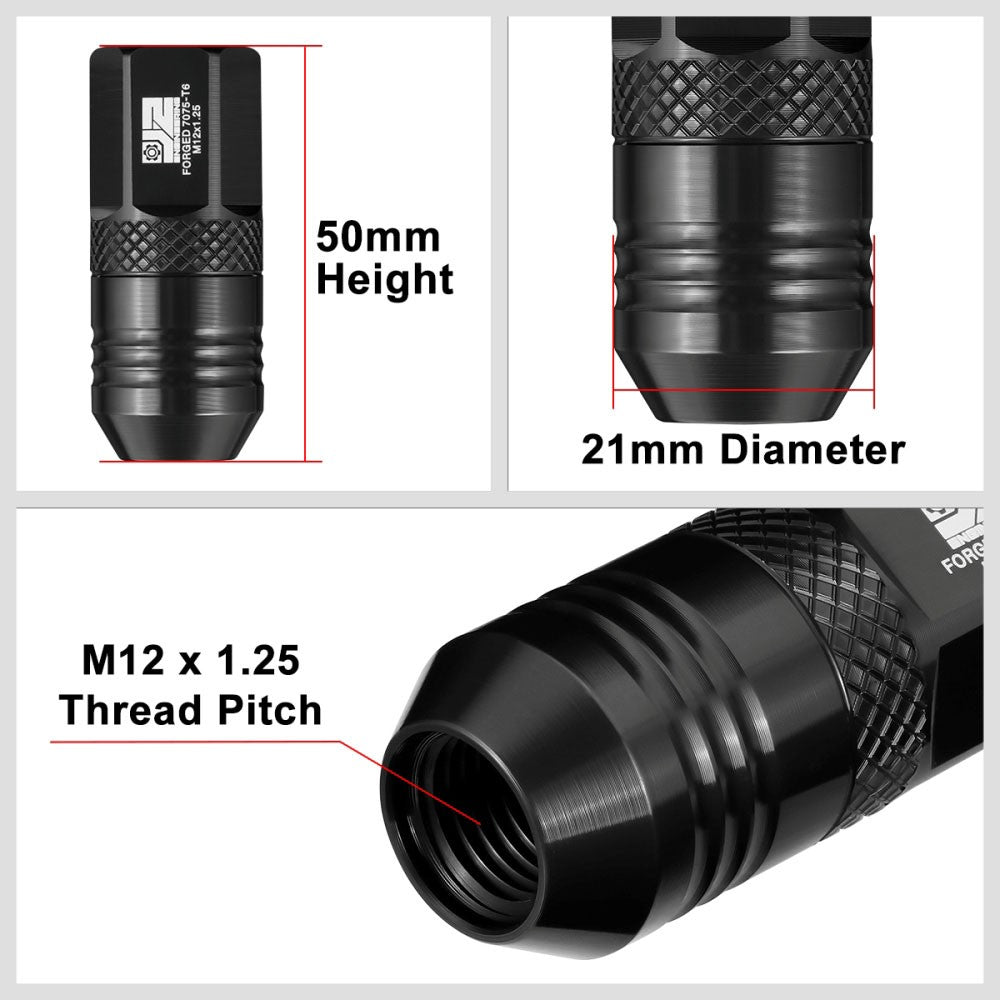 J2 20PCs Black M12x1.25 Open End 21MM OD/50MM Tall Lug Nuts J2-LN-T7-040-125-BK