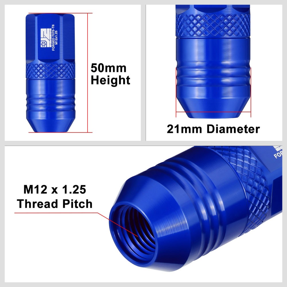 J2 20PCs Blue M12x1.25 Open End 21MM OD/50MM Tall Lug Nuts J2-LN-T7-040-125-BL