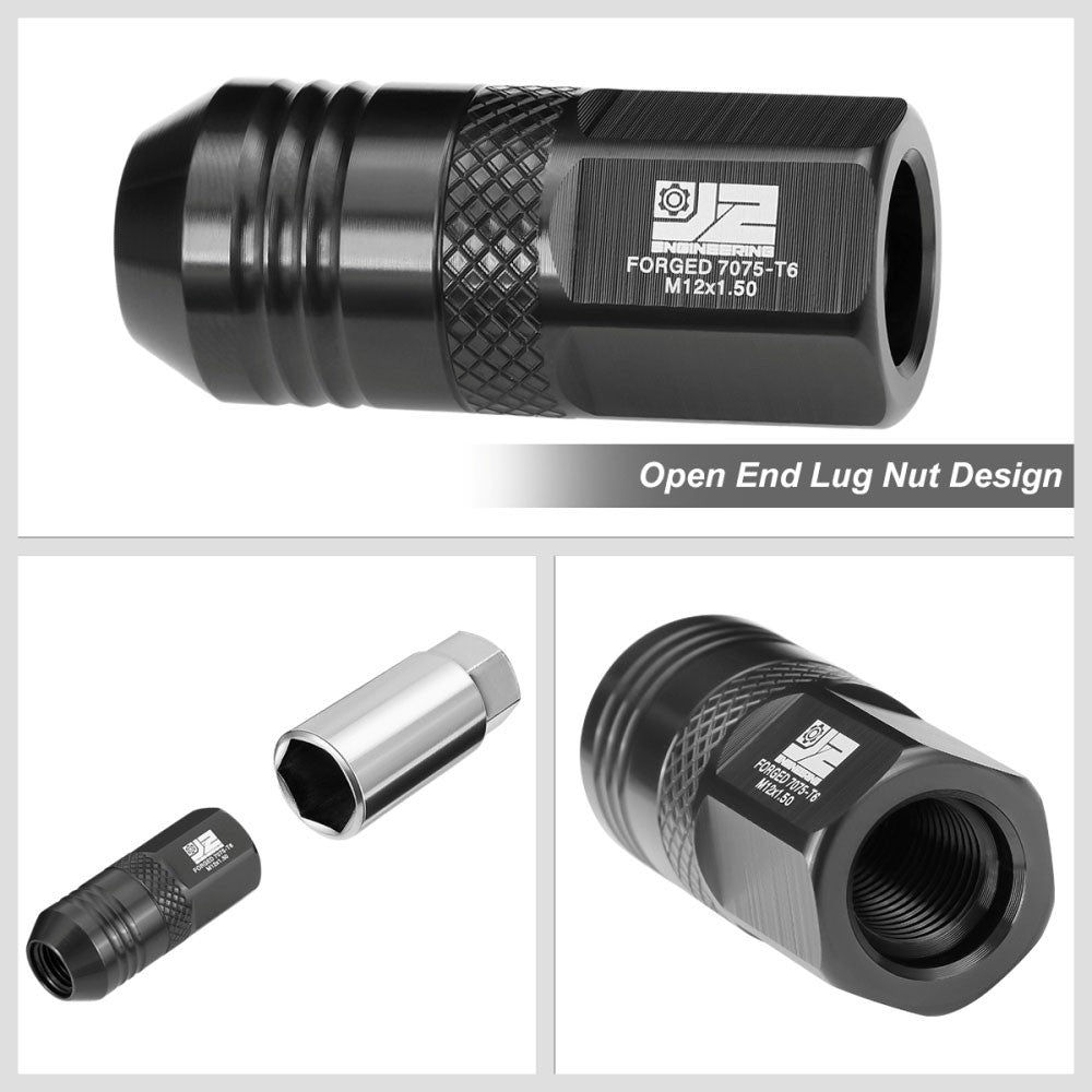 J2 20PCs Black M12x1.5 Open End 21MM OD/50MM Tall Lug Nuts J2-LN-T7-040-15-BK