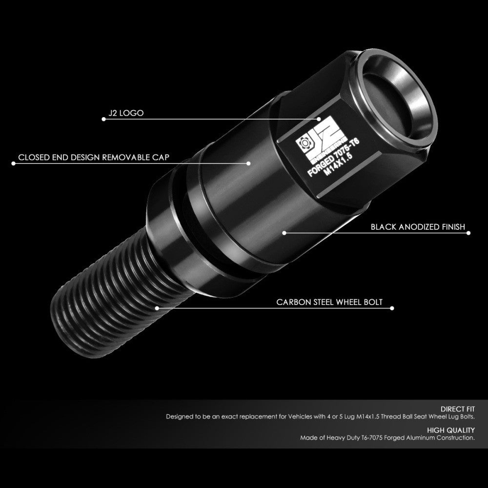 J2 20PCs Black M14x1.5 Closed End 23MM OD/76mm Tall Ball Seat Lug Nuts J2-LN-T7-041BS-BK