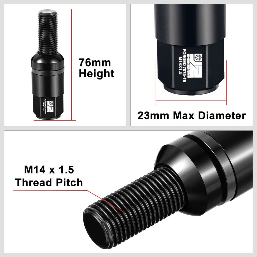 J2 20PCs Black M14x1.5 Closed End 23MM OD/76mm Tall Ball Seat Lug Nuts J2-LN-T7-041BS-BK