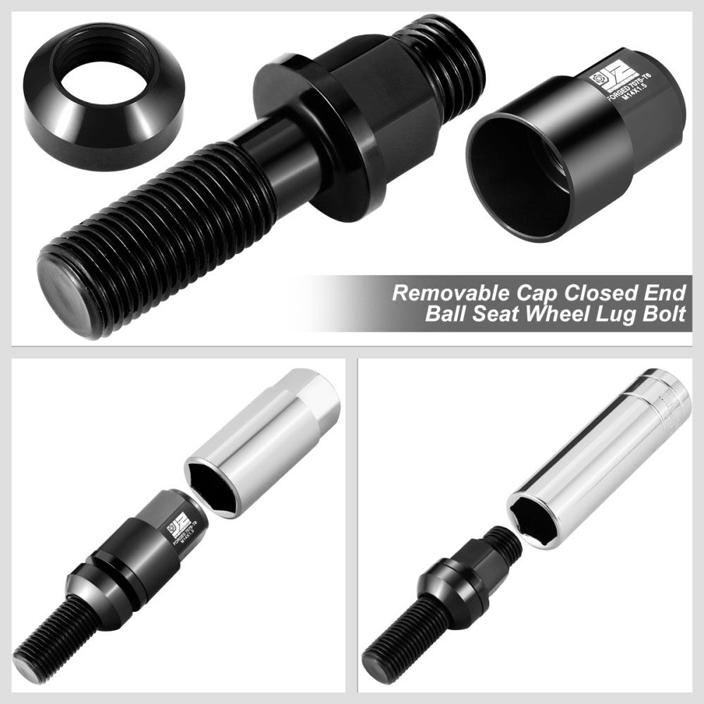 J2 20PCs Black M14x1.5 Closed End 23MM OD/76mm Tall Ball Seat Lug Nuts J2-LN-T7-041BS-BK