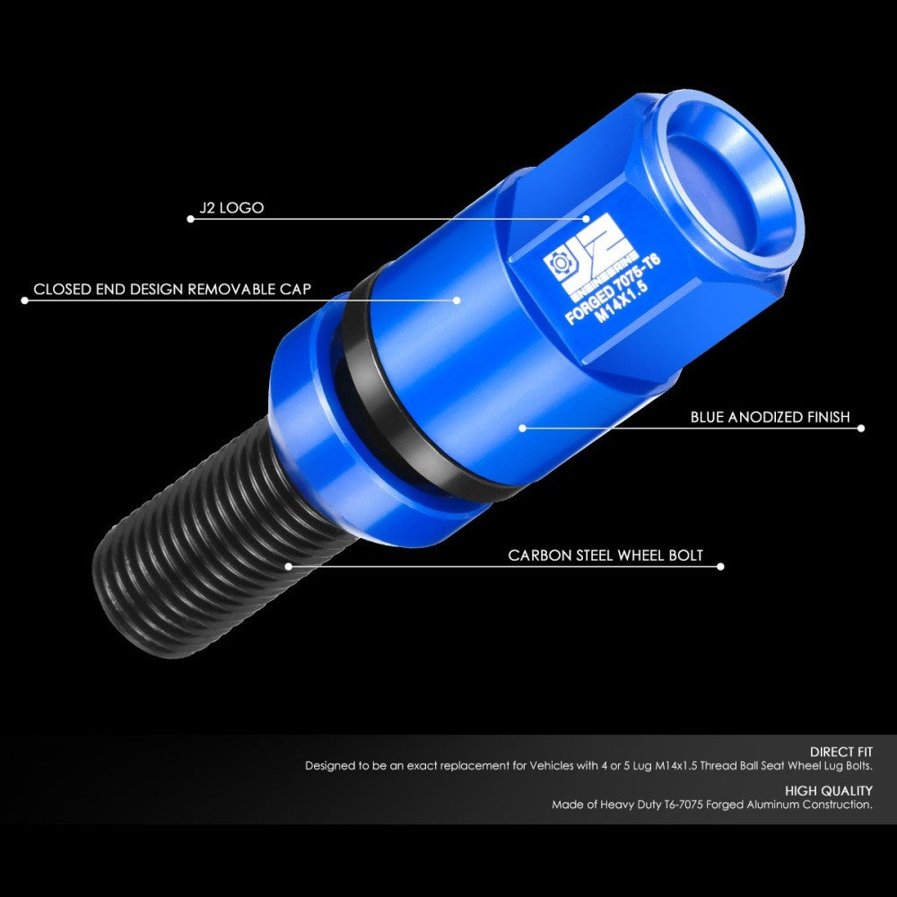 J2 20PCs Blue M14x1.5 Closed End 23MM OD/76mm Tall Ball Seat Lug Nuts J2-LN-T7-041BS-BL