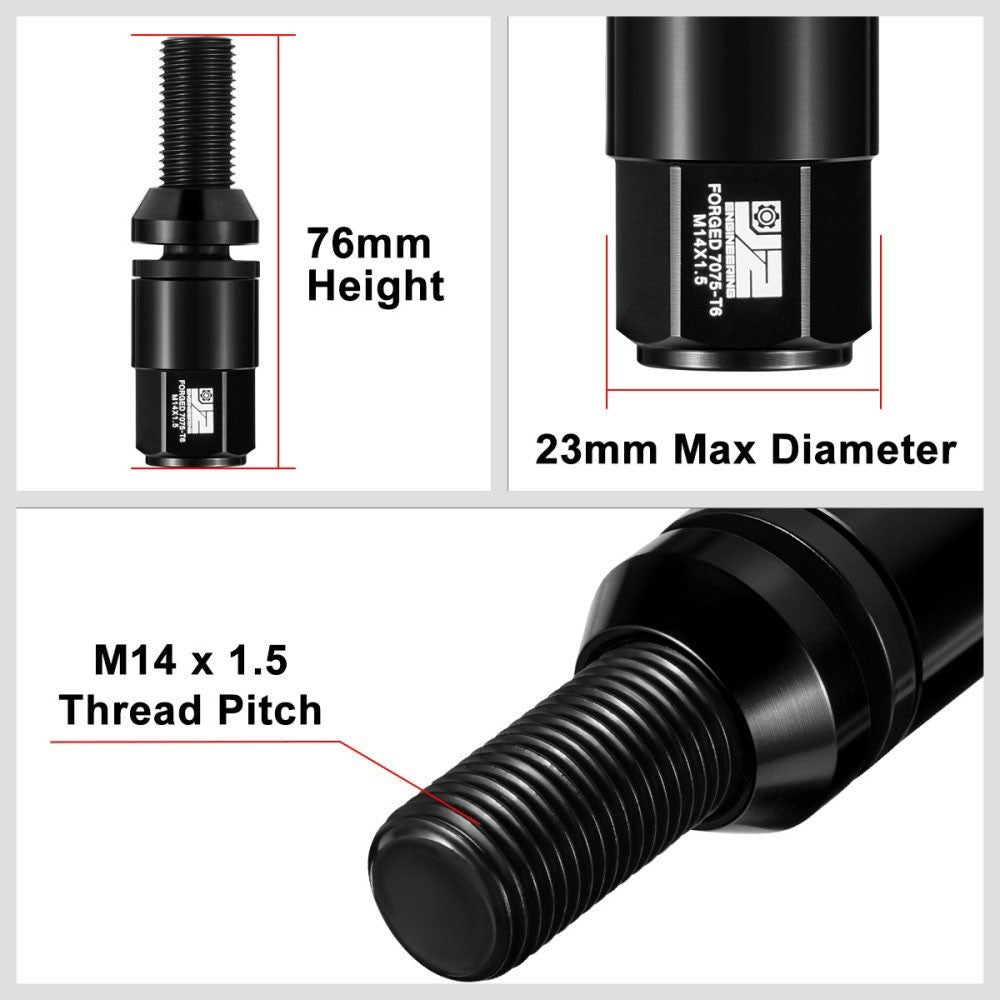 J2 Black M14x1.5 Closed End 23MM OD/76mm Tall Conical Seat Lug Nuts J2-LN-T7-041CS-BK