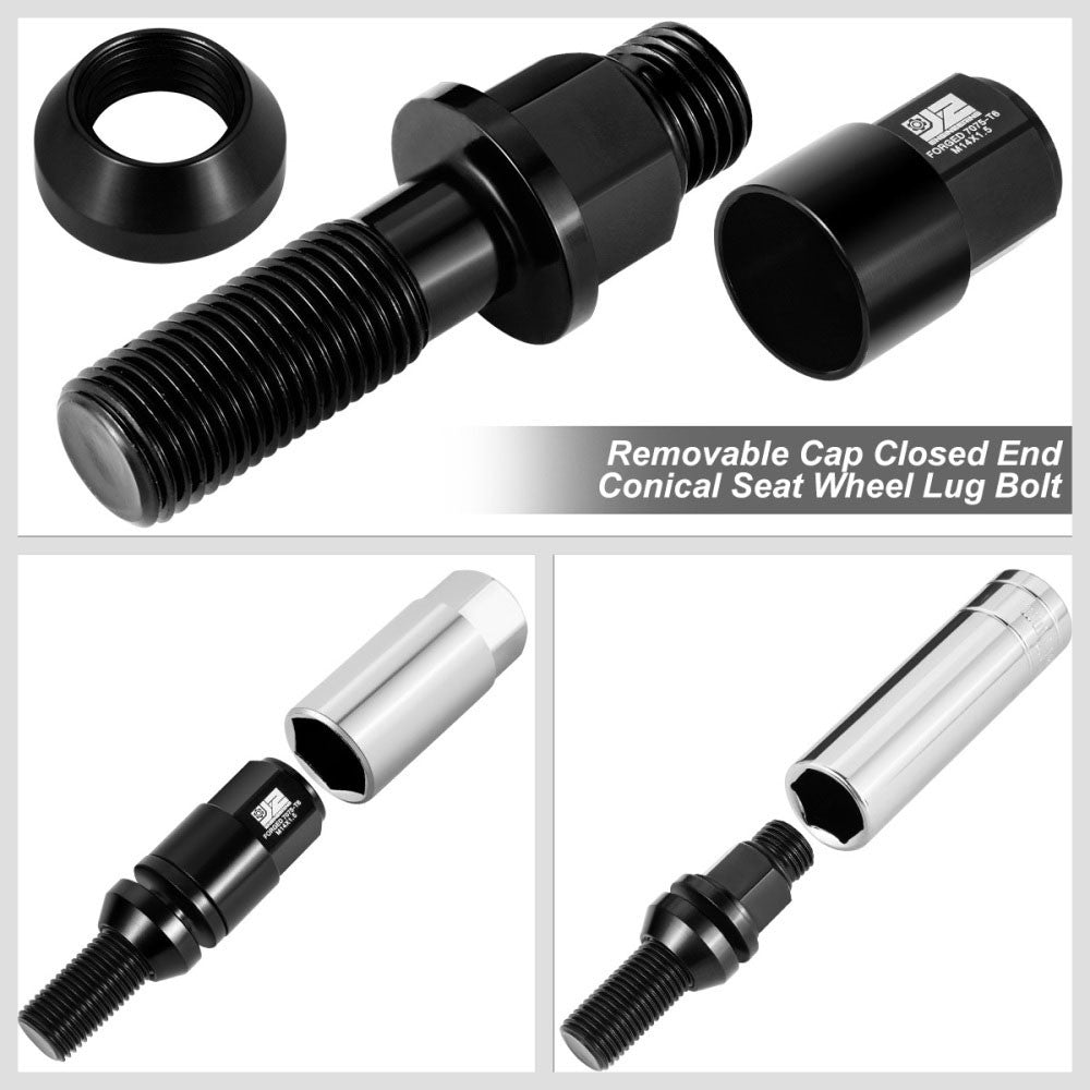 J2 Black M14x1.5 Closed End 23MM OD/76mm Tall Conical Seat Lug Nuts J2-LN-T7-041CS-BK