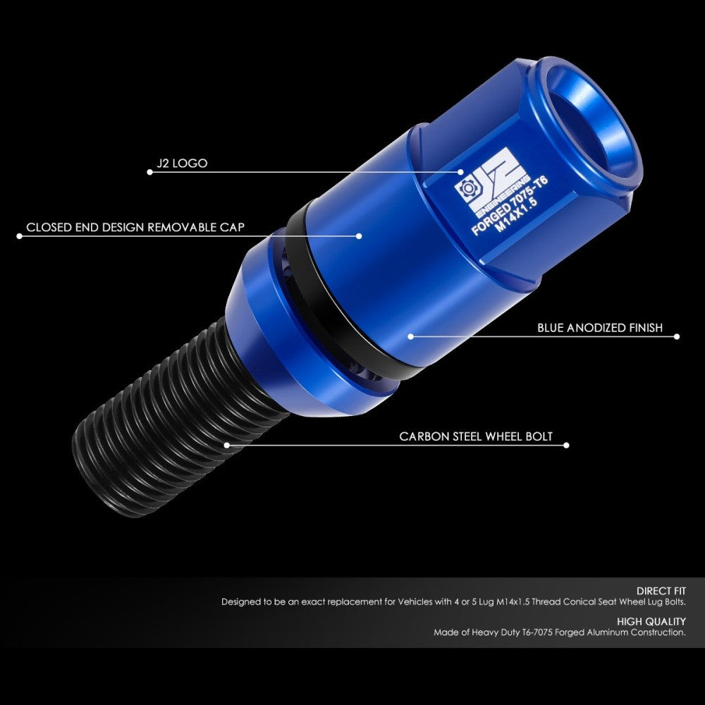 J2 Blue M14x1.5 Closed End 23MM OD/76mm Tall Conical Seat Lug Nuts J2-LN-T7-041CS-BL