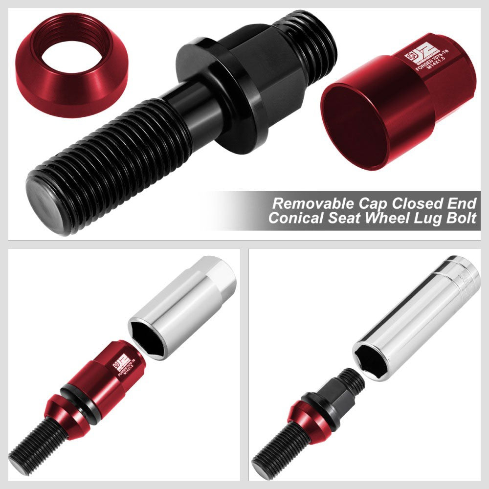 J2 Red M14x1.5 Closed End 23MM OD/76mm Tall Conical Seat Lug Nuts J2-LN-T7-041CS-RD