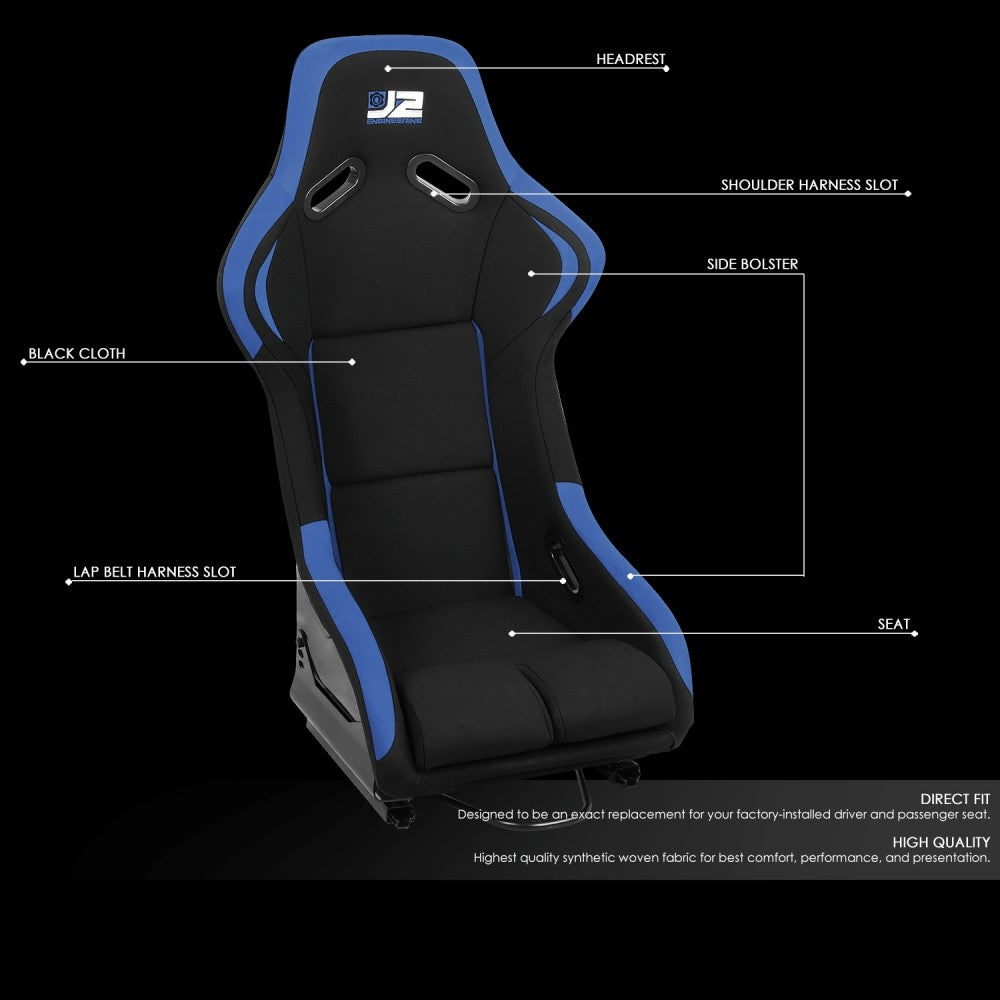 J2 J2-RS-001-BL Fixed Position Bucket Racing Seat w/Slider Black/Blue J2-RS-001-BL