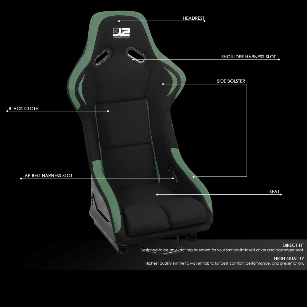 J2 J2-RS-001-GN Fixed Position Bucket Racing Seat w/Slider Black/Green J2-RS-001-GN