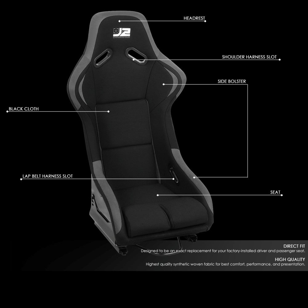 J2 J2-RS-001-GY Fixed Position Bucket Racing Seat w/Slider Black/Grey J2-RS-001-GY