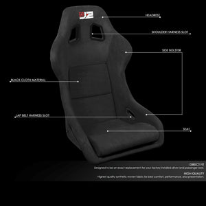 J2 J2-RS-004-BK Large Fixed Position Bucket Racing Seat w/Slider Black J2-RS-004-BK