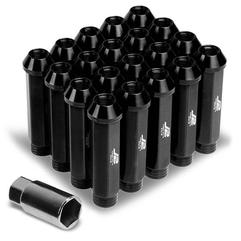 J2 Black Open Knurled End Acorn Tuner 90MM M12x1.50 Lug Nuts 20 Pcs Set+Adapter-Car &amp; Truck Wheels-BuildFastCar