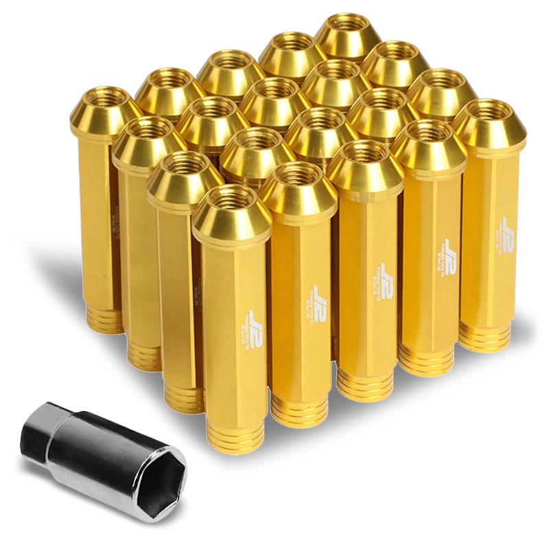 J2 Gold Open Knurled End Acorn Tuner 25MM OD/90MM M12 x 1.50 Lug Nuts+Adapter-Car & Truck Wheels-BuildFastCar