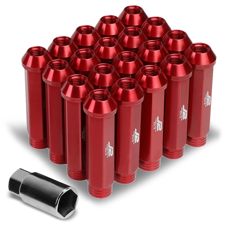 20PCs J2 Engineering Forged Aluminum Red Lug Nut [Open Knurled End Acorn T7-001] [Conical Seat / M12 x 1.50]