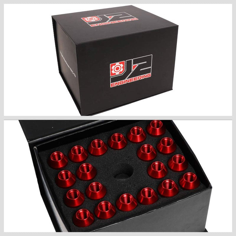 20PCs J2 Engineering Forged Aluminum Red Lug Nut [Open Knurled End Acorn T7-001] [Conical Seat / M12 x 1.50]