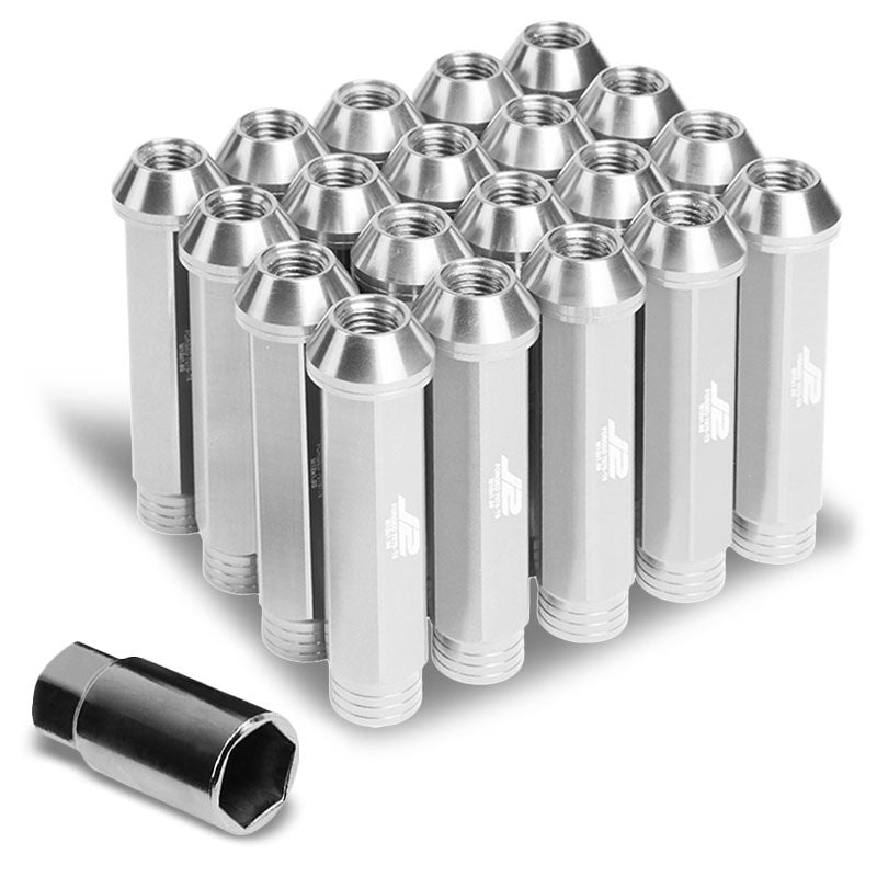 J2 Silver Open Knurled End Acorn Tuner 90MM M12x1.50 Lug Nuts 20 Pcs Set+Adapter-Car & Truck Wheels-BuildFastCar