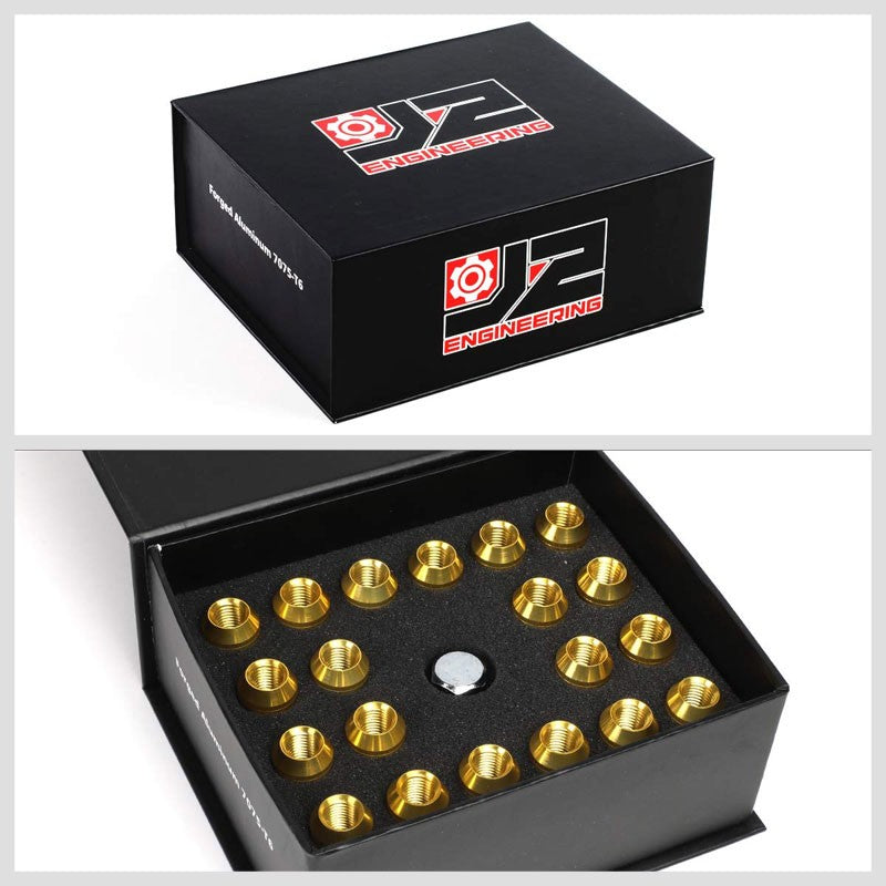 J2 Gold Close End Acorn Tuner 25MM OD/50MM M12x1.50 20 Pcs Lug Nuts Set+Adapter-Car & Truck Wheels-BuildFastCar