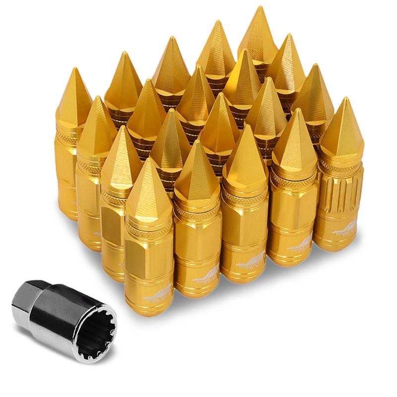 J2 Gold Open Knurled End Acorn+Spike Cap M12 x 1.50 16 Lug Nuts+4 Lock Nuts-Car &amp; Truck Wheels-BuildFastCar-BFC-LN-T7-012-15-GD