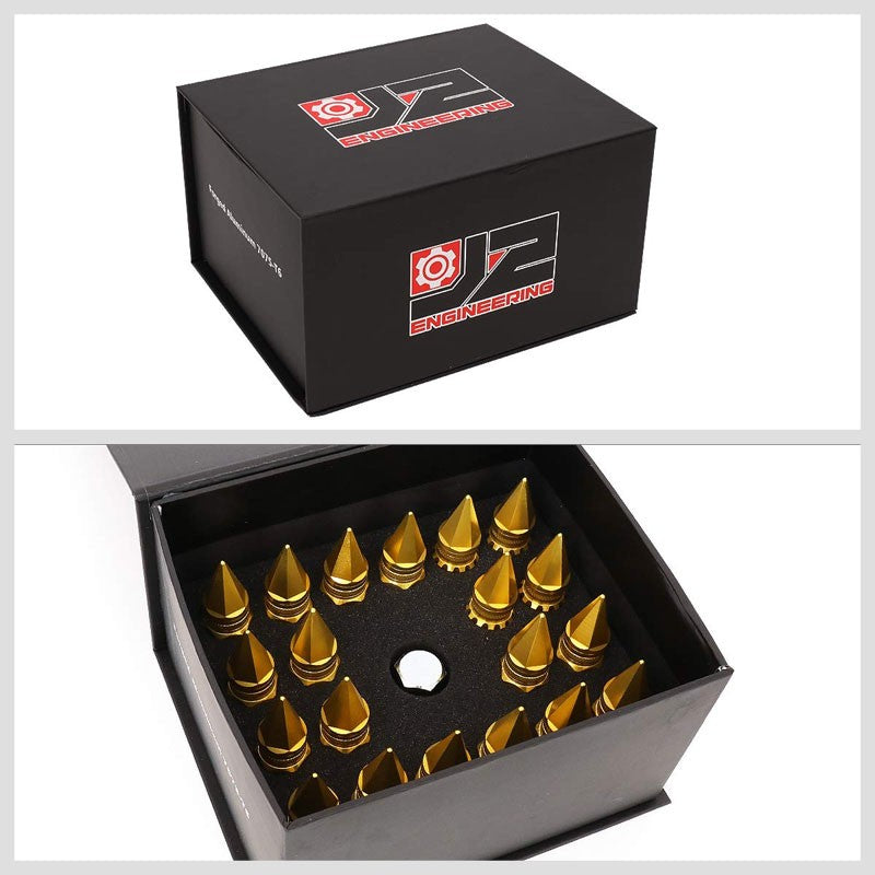 J2 Gold Open Knurled End Acorn+Spike Cap M12 x 1.50 16 Lug Nuts+4 Lock Nuts-Car & Truck Wheels-BuildFastCar-BFC-LN-T7-012-15-GD
