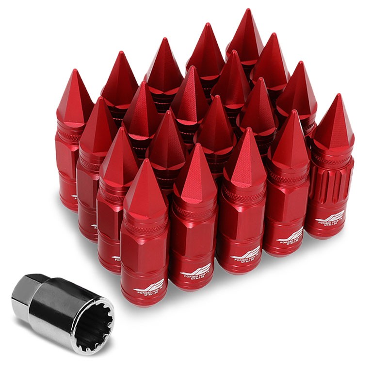 J2 Aluminum Red Open Knurled End Acorn+Spike Cap M12x1.50 16 Lug Nut+4 Lock Nuts-Car & Truck Wheels-BuildFastCar-BFC-LN-T7-012-15-RD