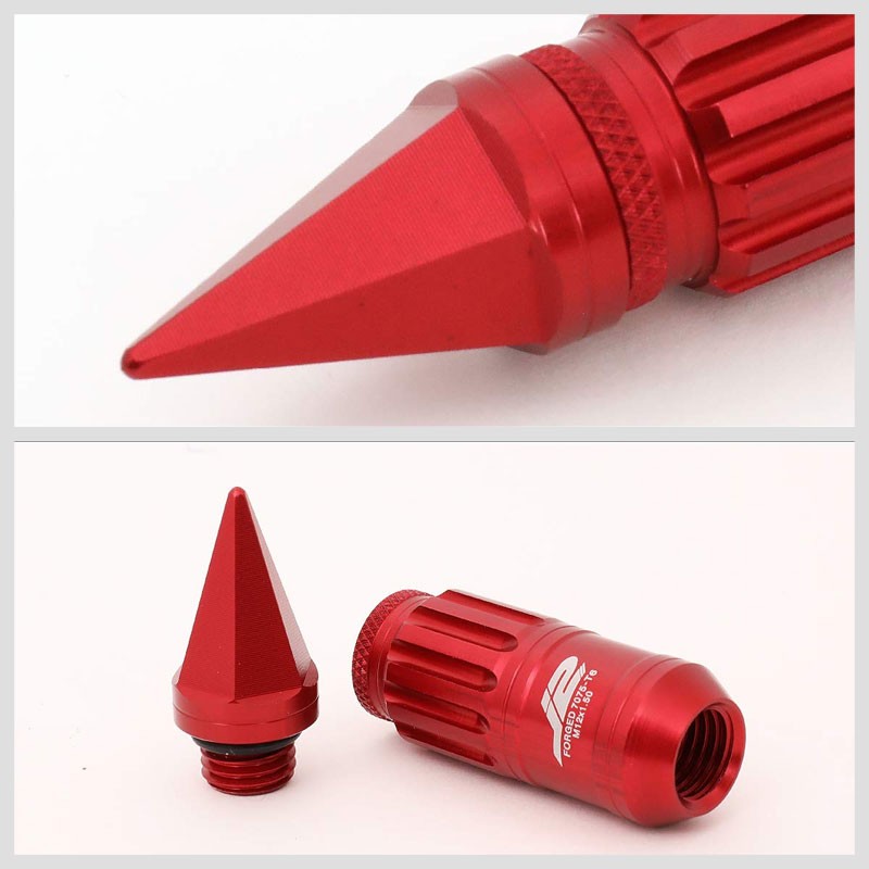 J2 Aluminum Red Open Knurled End Acorn+Spike Cap M12x1.50 16 Lug Nut+4 Lock Nuts-Car & Truck Wheels-BuildFastCar-BFC-LN-T7-012-15-RD
