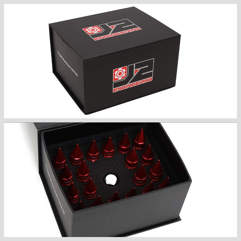 J2 Aluminum Red Open Knurled End Acorn+Spike Cap M12x1.50 16 Lug Nut+4 Lock Nuts-Car & Truck Wheels-BuildFastCar-BFC-LN-T7-012-15-RD